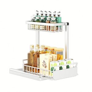 Organizador y estante de almacenamiento negro de 2 niveles ajustable de metal transparente para debajo del fregadero del baño, cesta extraíble a prueba de óxido para especias - Product Image 4