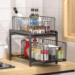 2-Tier <b>Sliding</b> Cabinet Organizer Double Kitchen Drying Basket Pull-Out Drawers Standing Type <b>Plastic</b> Multifunction - Product Image 4