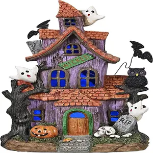 Halloween Haunted House Figurine with Bat Ghost Pumpkin for Happy Halloween Statue Decorations