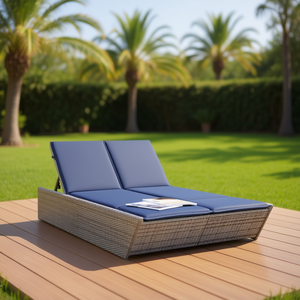 Lettino Prendisole Doppio da Esterno in Rattan PE Grigio con Cuscini Blu, Reclinabile Manualmente, Design Moderno - Product Image 2