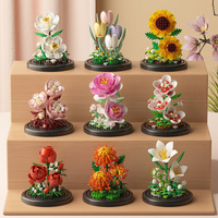 Blocs de construction lumineux à LED avec fleurs préservées et couvercle anti-poussière - Cadeau romantique pour la Saint-Valentin, Décoration de bureau, Jouet éducatif à assembler