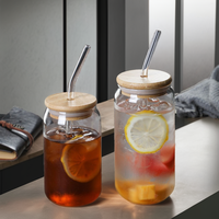 Gobelet en verre dépoli transparent pour canette de bière avec paille et couvercle en bambou – Ensemble élégant de vaisselle pour boissons