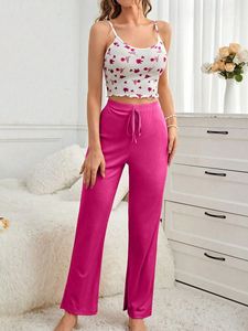 Ensemble haut et pantalon long à fleurs pour femmes, décontracté, confortable, sexy, adapté à la tenue à l'extérieur comme pyjama - Product Image 1