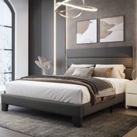 Cadre de lit pleine grandeur lit à plateforme avec tête de lit rembourrée en tissu de lin et lattes en bois Support de matelas robuste