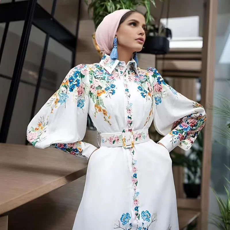 Stock modest muslim girls white dresses abaya wholesale retro printed floral shirt collar bubble sleeve long dress