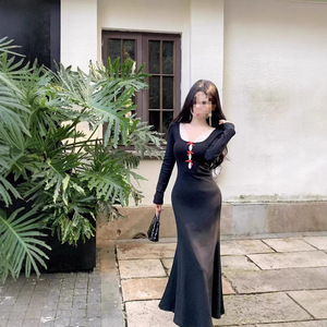 French Style Sexy Bodycon Dress Black Square Collar Bow Wrap Long Skirt Evening Wear - Product Image 5