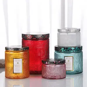 Luxury Scented Candles Supplier 4oz 6oz 8oz 12oz Empty Embossed Amber Red Pink Blue Candle Jars Glass With Metal Lids Wholesale