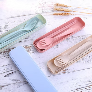 Juego de cubiertos portátil, ecológico, reutilizable, 3 piezas, cuchara, tenedor y palillos de paja de trigo con estuche para la escuela, oficina, viajes, picnic - Product Image 5