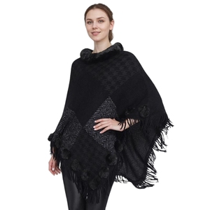 Chal de Moda para Mujer con Patrón de Pata de Gallo, Capa de Piel Sintética con Borlas y Pompones, Abrigo Cálido para Invierno - Product Image 6