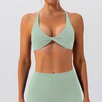2pc Lady Service Hip Halter Naked Green Women 2 Piece Outfits High Waist Yoga Shorts Twist Padded Sports Bra Biker Short Set