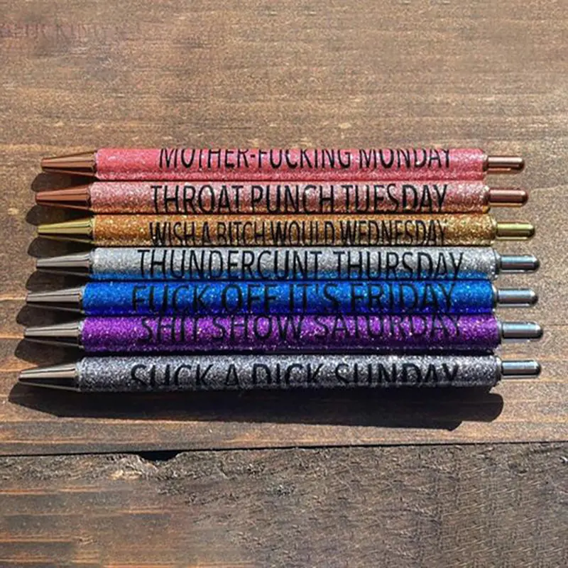 Kişiselleştirilmiş renkli tıklama parlak festivali hediyeler her gün hafta kalem yemin kelime günlük kalem seti 7 adet komik kalemler