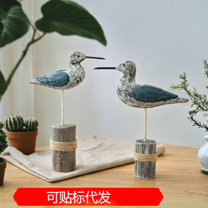 Juego de 2 Aves Marinas Talladas en Madera Maciza, Color Azul Desgastado, Decoración Mediterránea para el Hogar, Decoración para Sala de Estar - Product Image 4