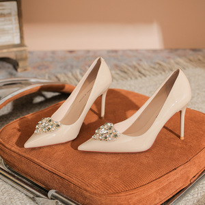 9888T-163 Escarpins à talon aiguille et bout pointu pour femme avec strass, chaussures de bureau à talon haut, couleur unie, tendance mode - Product Image 1