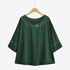 Women's Bohemian Knitted Blouse Crew Neck Three Quarter Sleeve Breathable Regular Fit Solid Green Spring Summer Casual Wear - Product Image 5