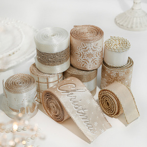 Ruban de Noël LINGKAI à motif flocon de neige et carreaux, imprimé pailleté or champagne, bordure filée, pour emballage de cadeaux et décoration de Noël - Product Image 2