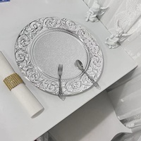 Nouvelles assiettes de présentation rondes de 13 pouces de style européen, motif floral or et argent, en plastique, pour mariages et fêtes