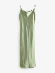 Sage Green Satin Floor-Length <b>Spaghetti</b> <b>Strap</b> Vintage Casual Summer Solid Hanging Neck Loose Comfortable Long Skirt - Product Image 6