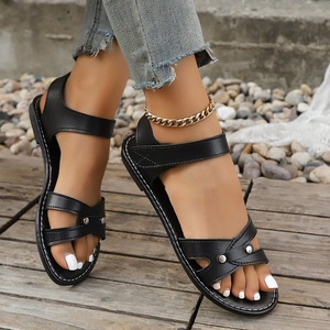 Women Cross <b>Strap</b> <b>Flat</b> Sandals Hook & Loop <b>Ankle</b> <b>Strap</b> Open Toe Rivet Decor Summer Casual Ladies <b>Shoes</b> - Product Image 6