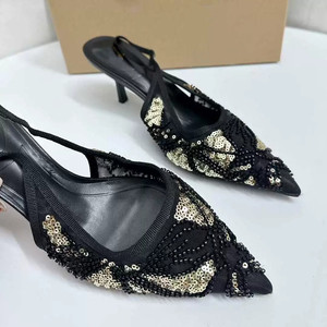 Chaussures décontractées de qualité pour femmes, sandales à talons pour femmes, noires et dorées, à paillettes, à bout ouvert, à bride arrière - Product Image 3