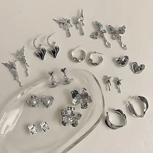 Luxury Liquid Metallic Flower Stud Earrings Niche Cool Style Silver Color Hoop Earrings Jewelry Fashion Products