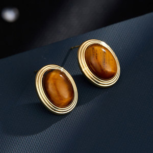 Oval Tiger's Eye Stud Earrings S925 Silver Needle Geometric Design For Women - Product Image 1