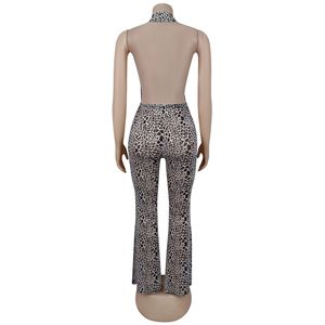 2025 nuovi arrivi tutina senza schienale in tessuto ghepardo elasticizzato da donna pantaloni svasati Sexy eleganti scollo a v profondo da festa - Product Image 6