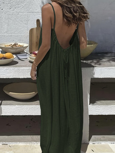 Abito <span class=keywords><strong>Boho</strong></span> <span class=keywords><strong>Chic</strong></span> da Donna, <span class=keywords><strong>Vestito</strong></span> Lungo con Schiena Scoperta, Sexy Scollo a V, Spalline Sottili, Abito Estivo Fluido per Vacanze e Spiaggia - Product Image 6