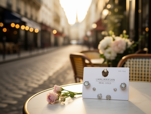 Orecchini a perno Lianlianxuan in argento con perle e fiore, montatura a castone, gioielli da donna alla moda, in argento 925 placcato oro vero - Product Image 2