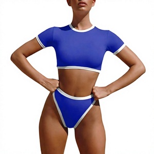 Conjunto de bikini de manga corta para mujer, traje de baño corto tipo tankini, cuello redondo, ribete en contraste, traje de baño elástico - Product Image 3