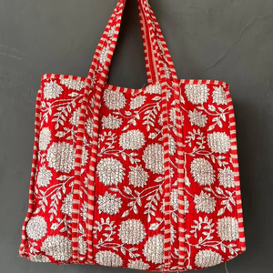 Hand Block Printed Quilted Cotton Tote <b>Bag</b> <b>Lightweight</b> Everyday Carry Shoulder Shopping Handbag - Product Image 1