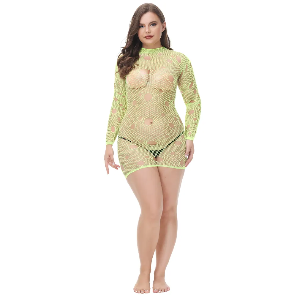 Prezzo all'ingrosso In magazzino nuovi arrivi Plus Size Sexy maniche lunghe Bodystocking a rete nera per donna grassa