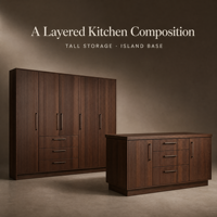Buffet de cuisine en noyer à texture cannelée, éclairage LED, meuble de rangement de style mid-century avec portes à lattes et plan de travail anthracite