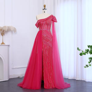 Robe de soirée élégante à une épaule Fuchsia de luxe Dubaï Dres avec cape manches surjupe robe de soirée formelle Lsz025-1 - Product Image 1