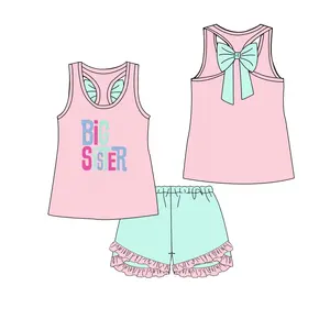 Summer Big sister embroidered Ruffle Clothing set custom designs children wear hot selling kids girl smocked clothing