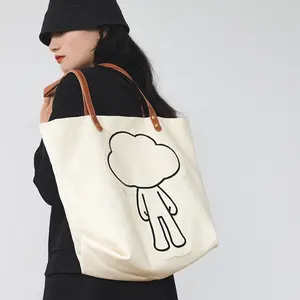 Sevimli karikatür yama logosu tuval çift kayış manyetik toka bayanlar alışveriş omuz çantası Tote çanta kadın