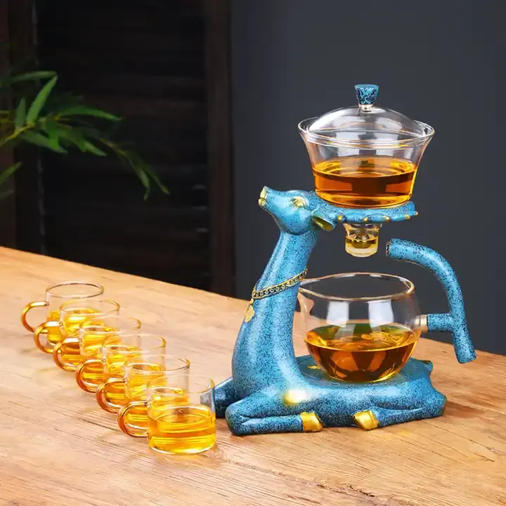 Set hadiah Minum teh kungfu kaca semi-otomatis, set minum teh borosilikat dengan enam cangkir
