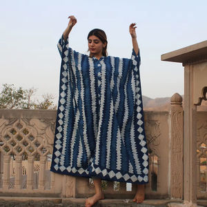 Ecológico 100% algodón bloque de mano impreso elegante Indigo raya Kaftan cómodo ropa de playa Broder detalles vestidos casuales - Product Image 1
