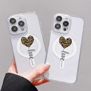 Coque de téléphone tendance imprimé léopard avec ballon cœur pour iPhone 16 15 17 Pro Max 14 13, coque arrière magnétique sans fil - Product Image 3