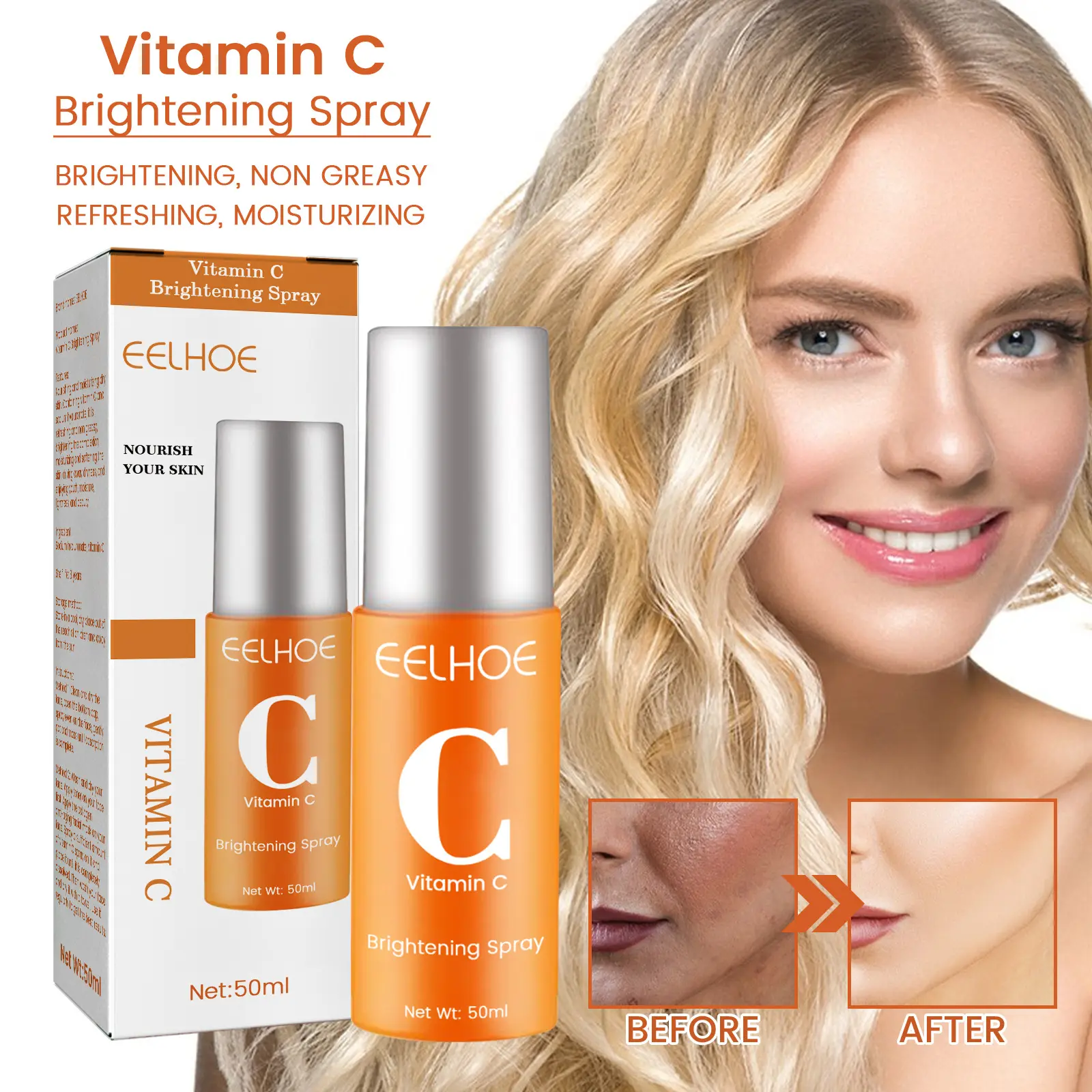 Eelhoe Spray hydratant à la vitamine C Rafraîchissement de l'humidité Dessalage de la peau Pimple Color Spot Rajeunissement Spray blanchissant
