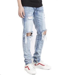 Vaqueros ajustados de mezclilla azul desgastado con roturas en las rodillas y cremallera en el tobillo para hombre, estilo urbano personalizado - Product Image 5