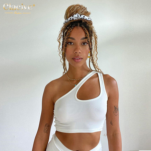 Clacive Streetwear Asymmetrical Neck Knitted Women Tops Blouses And T Shirts Cami Tank Tops Stylish White Women Crop Tops - Product Image 2