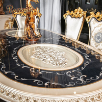 Ensemble de table à manger ovale de luxe en bois massif sculpté à la main, style palais royal français, avec 6 chaises, finition or blanc