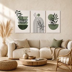 Set Seni Dinding Boho Minimalis Sage & Beige Green, 3 Cetakan Kanvas Berbingkai Mengkilap dengan Desain Garis Geometris Daun, Matahari & Bulan - Product Image 2