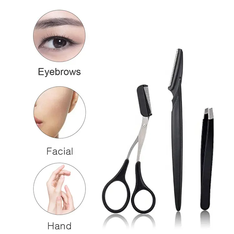 3Pcs Set Eyebrow Trimming Razor Eyebrow Clip Comb Beauty Scissors Beauty Tool Tweezer Set