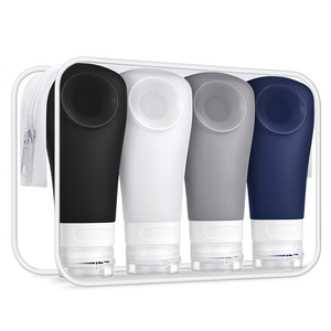 Ensemble de flacons de voyage en silicone 4 en 1 approuvé par la TSA, anti-fuite, rechargeables, distributeur de produits de toilette avec ventouses, étui portable à fermeture éclair - Product Image 1
