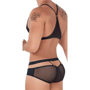 Conjunto de ropa de dormir transparente para hombre, Tops sexys de malla ultrafina, chaleco transparente, Top de malla y Bikini negro