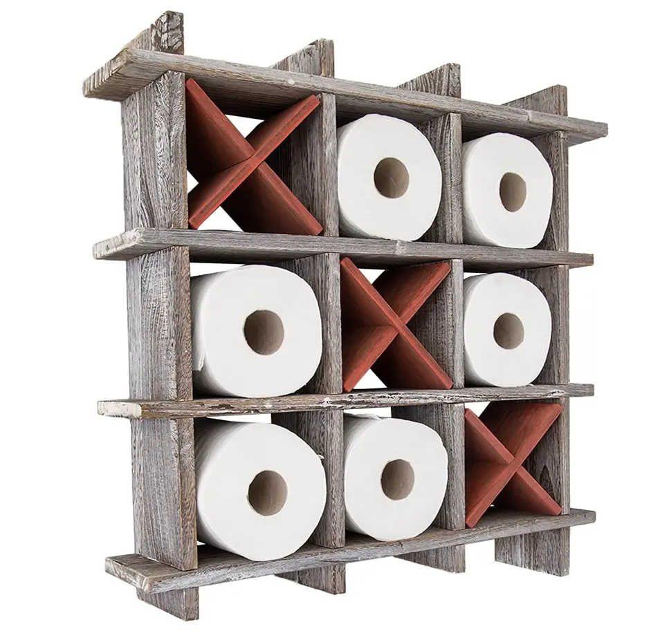 Rustic Tic-Tac-Toe Wood Toilet Paper Holder for Bathroom Rustic Storage Shelves for Toilet Tissue