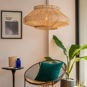 Lampe suspendue ronde en rotin moderne, ampoule LED E27, commande par interrupteur, luminaire pour salon, chambre à coucher, hall d'hôtel - Product Image 1