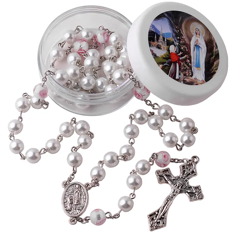Perle di perle di vetro bianco da 8mm con pietra azzurro il nostro padre borda la collana a catena cattolica religiosa della collana del rosario in confezione regalo