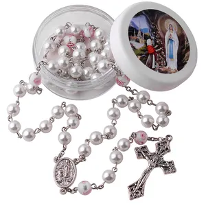 8mm white Glass Pearl Beads with Azure Stone Our Father Beads Lourdes Religious Catholic Chain Necklace Rosary pack in Gift Box